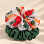 Green & Floral Organza Scrunchie Set of 2 for Women & Girls
