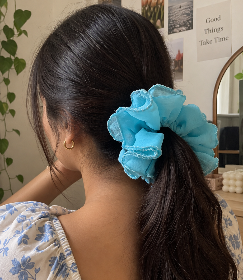 Sky Blue Ruffled Scrunchie for Women & Girls