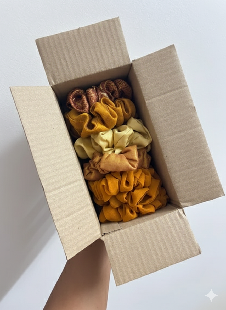 Box of colorful scrunchies on a white background