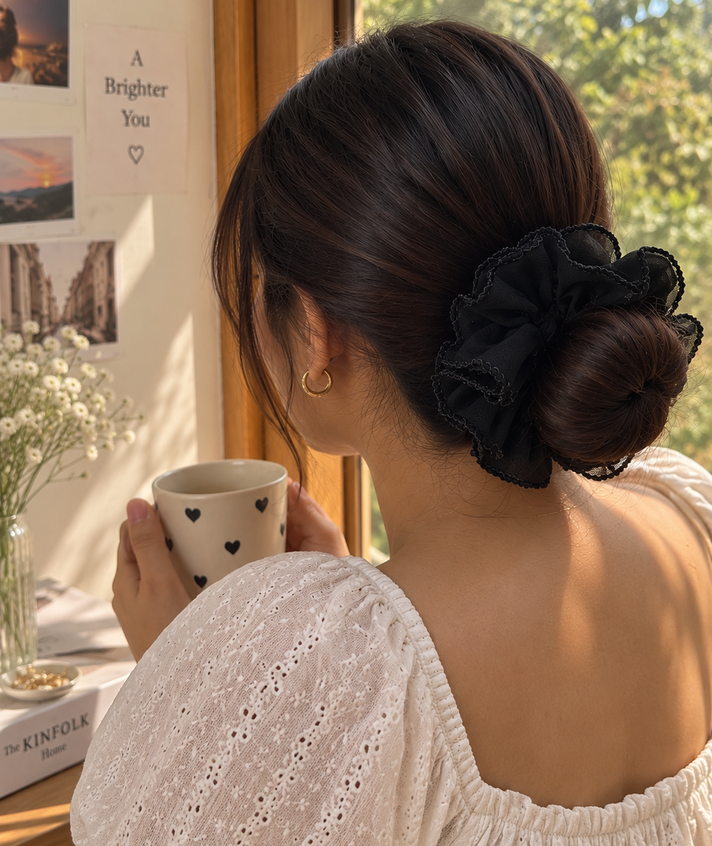 Black Ruffled Scrunchie for Women & Girls