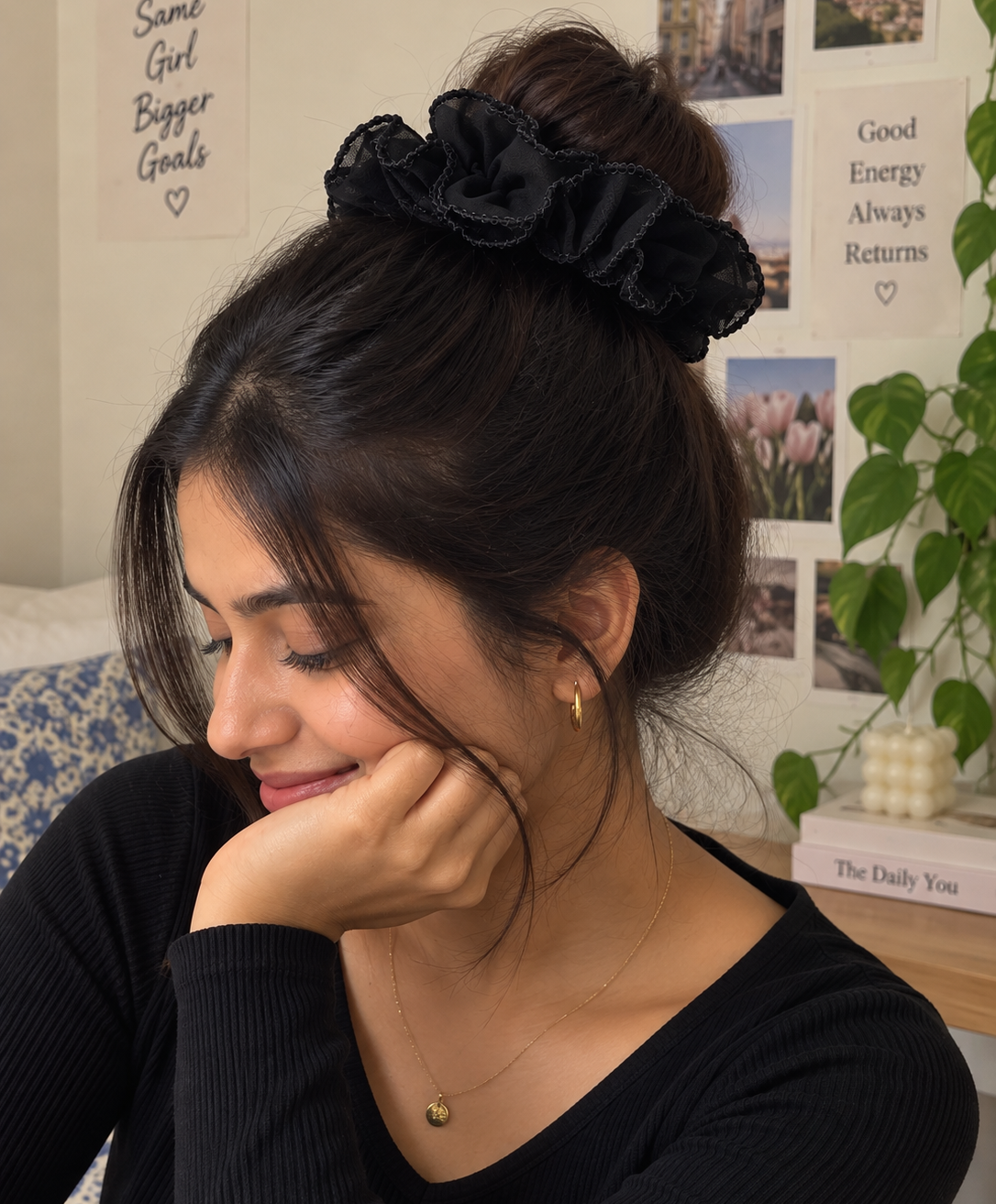 Black Ruffled Scrunchie for Women & Girls