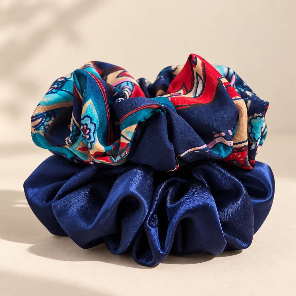Navy Blue Scrunchie Set of 2 – Printed & Solid Scrunchies for Women