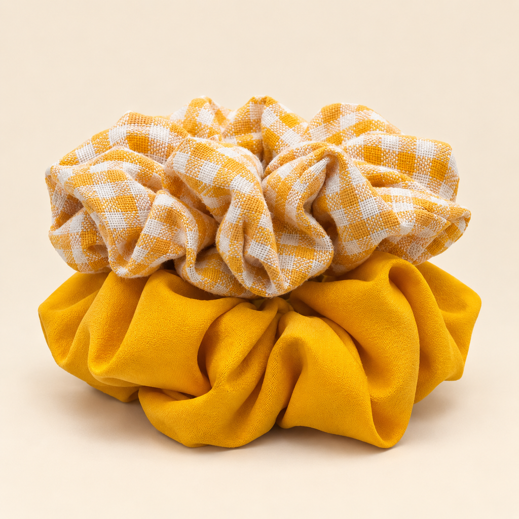 Mustard Yellow Scrunchie Set of 2 – Solid & Gingham Hair Scrunchies