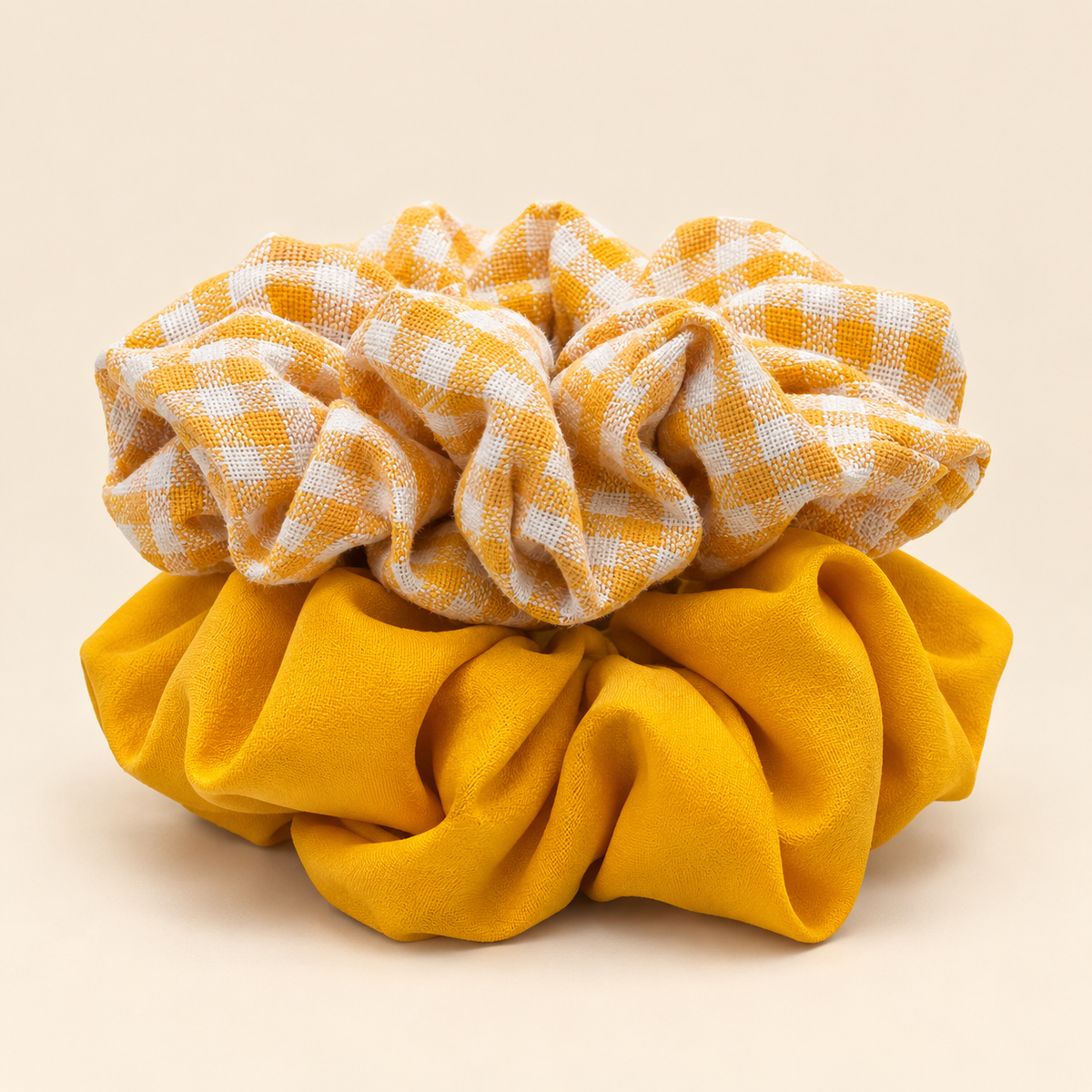 Mustard Yellow Scrunchie Set of 2 – Solid & Gingham Hair Scrunchies