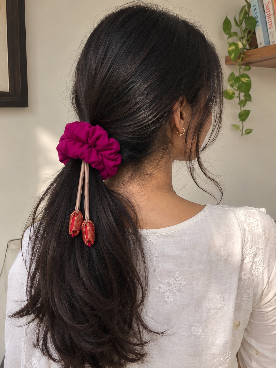 Pink Scrunchie with Hanging Tulip Charms for Women & Girls