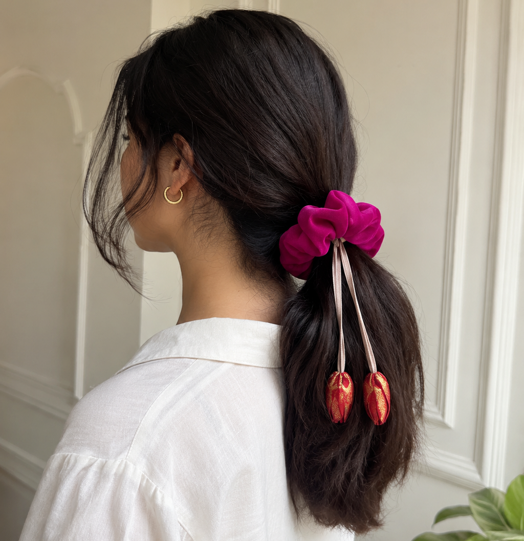 Pink Scrunchie with Hanging Tulip Charms for Women & Girls