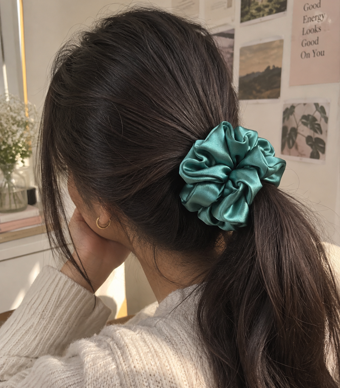 Emerald Green Satin Scrunchie for Women & Girls