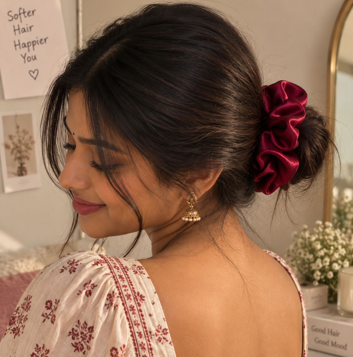 A woman with dark hair styled in a low bun wearing a deep burgundy satin scrunchie, shown from the back and side. She is wearing a cream-colored floral top with red patterns and gold earrings in a warm indoor setting.