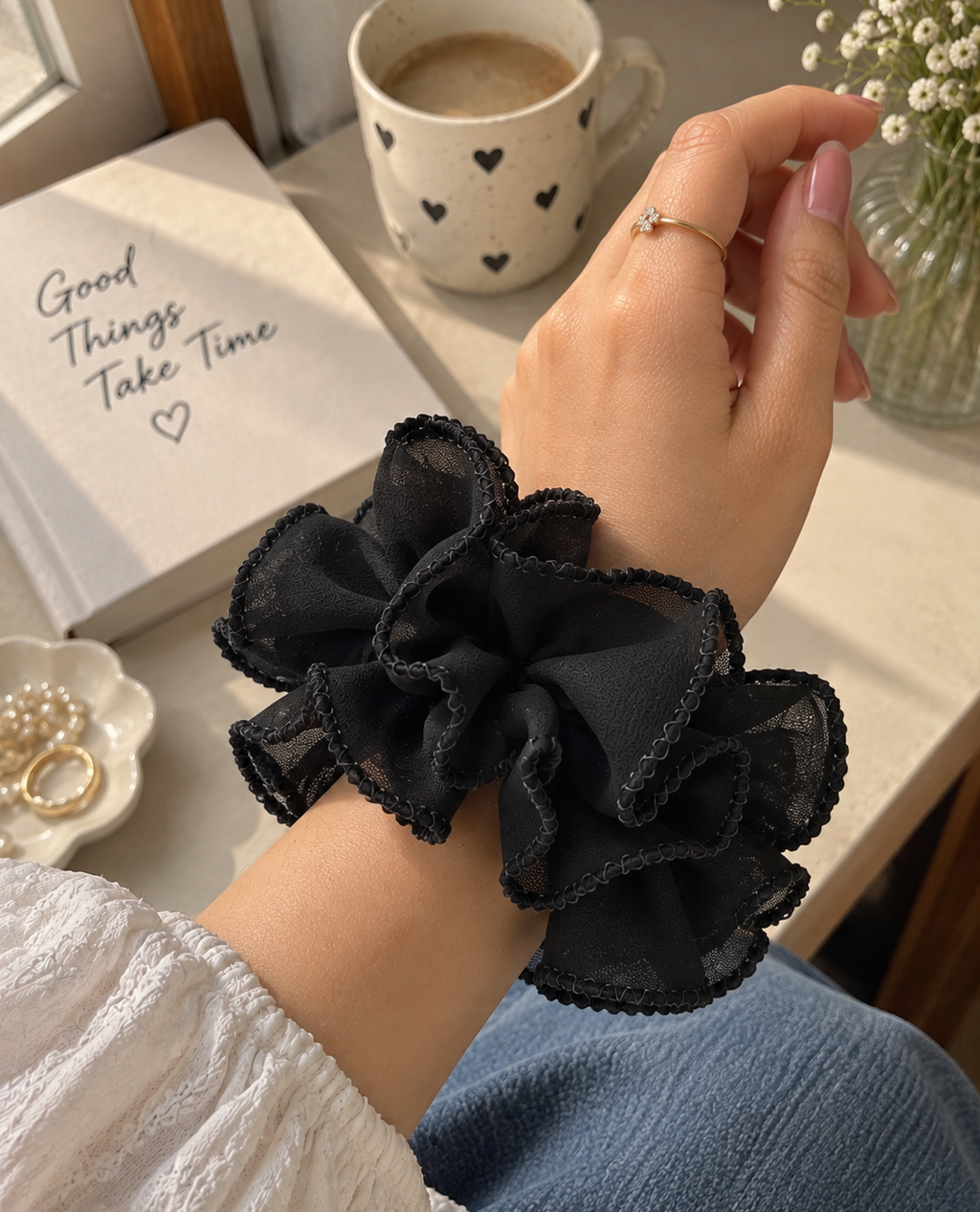 Black Ruffled Scrunchie for Women & Girls