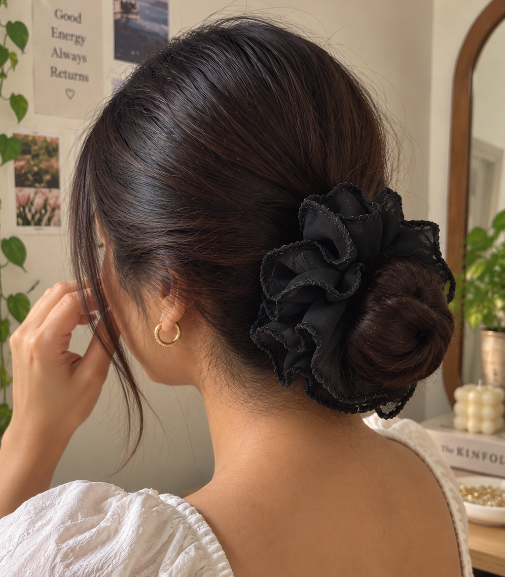 Black Ruffled Scrunchie for Women & Girls