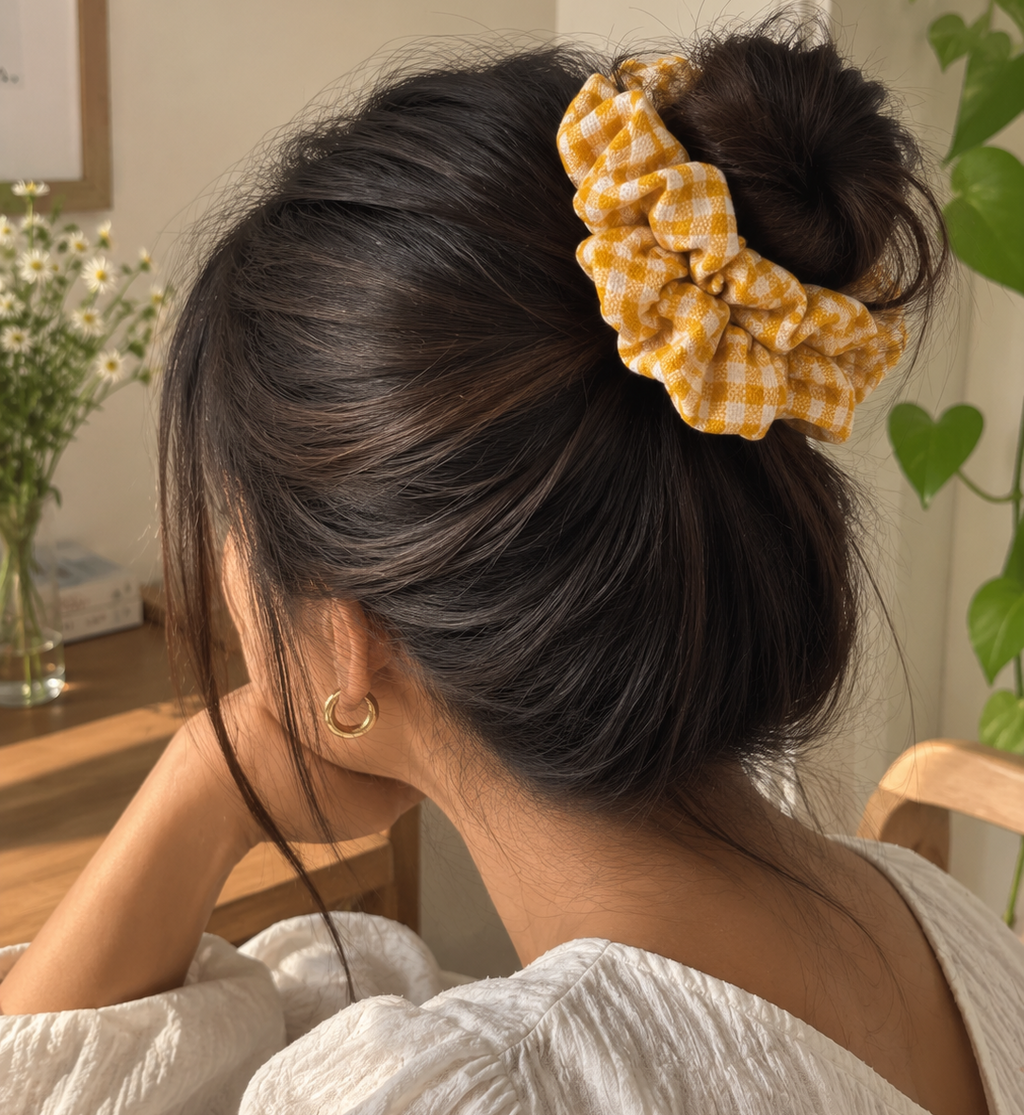 Mustard Yellow Gingham Scrunchie for Women & Girls