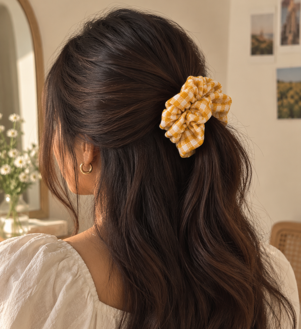 Mustard Yellow & White Scrunchie Set of 3 for Women & Girls